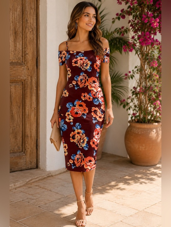 ADC Dresses & Skirts - ADC Floral Off Shoulder Bodycon Midi Dress Small Maroon Pink Blue